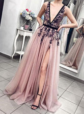 Blush Pink Plunging Neckline Tulle Prom Dress with Appliques
